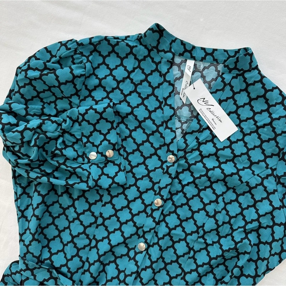 NY Collection‎ Women's 3/4 Rouched Sleeve Shirt Dress Size 2X Blue Geometric NWT